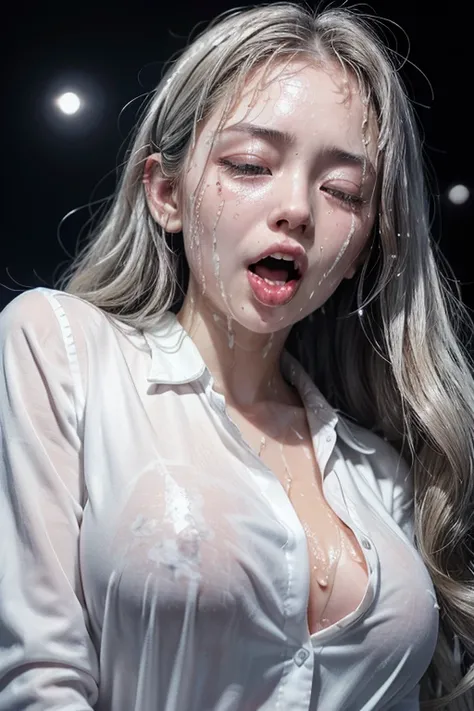 high quality, detailed,a girl with white water drops on her face.bathe in white water,lots of white water droplets.(at night:2.0),green eyes.she is 16 years old japanese bitch gal,prostitute,she has a mole under her eye,(smallest breasts),(wearing long sle...