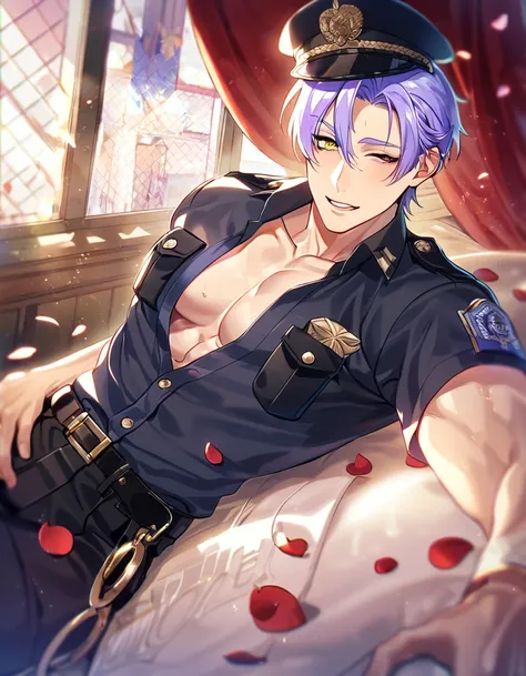 absurdres, highres, ultra detailed, HDR, master piece, best quality, Kuya, light-purple hair, hterochromia, right eye is yellow, left eye is purple, Nu Carnival, solo, sexy man, handsome, horny, lewd, black police officer clothes, unbuttoned shirt, black h...