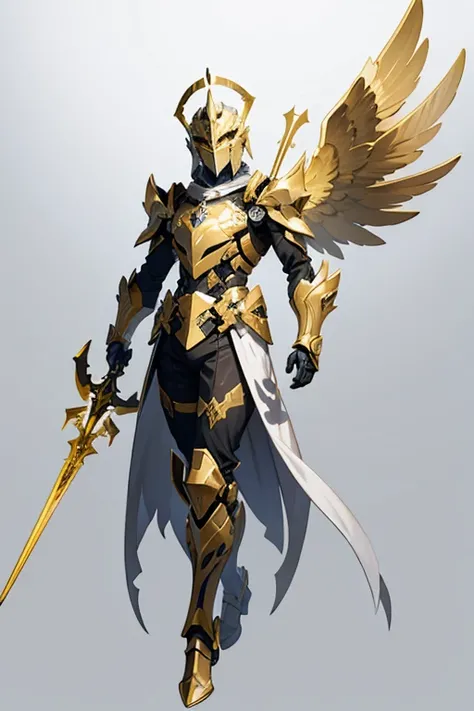 angel exoskeleton armor helmet with cross symbol templars gold color with a spear in hand full body facing the viewer white background