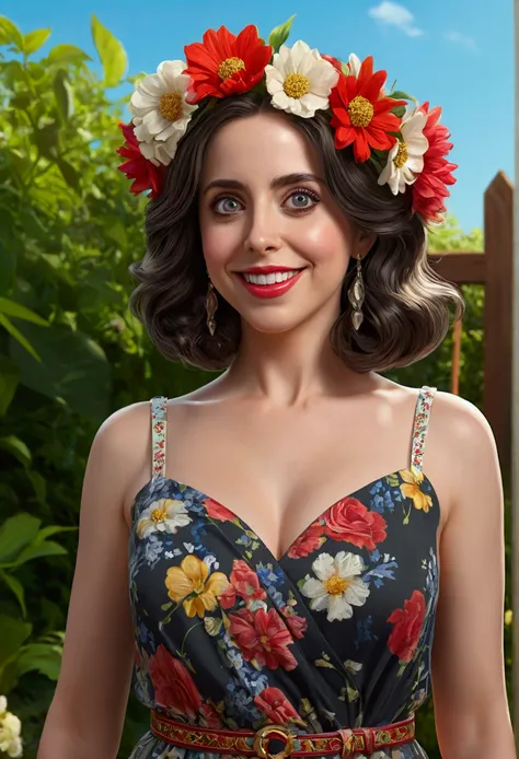 Adorable, mature Woman,detailed big-eyed woman, round face. promenent red lips. Smileing,In the garden, large ass, wearing a cute floral sun dress. flower crown, Flower belt draped around waist. Picture from the side,looking at the scenes, intense colors, ...