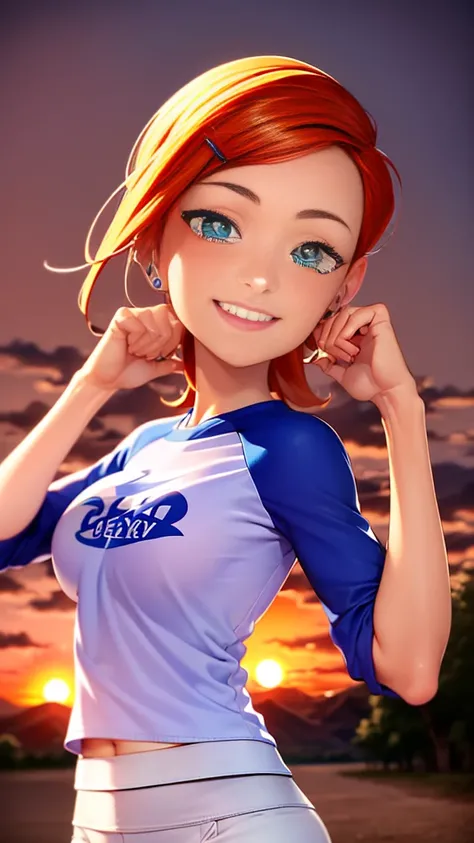 ((best quality)), ((highly detailed)), masterpiece, absurdres, (detailed eyes, deep eyes), (1girl), dynamic pose, upper body, gwen, hairclip, smiling, blue shirt, raglan sleeves, white pants, (outside, in a wild west town, sunset) , hot body , seyy , mediu...