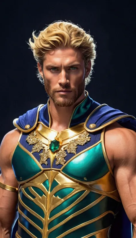 Tall handsome strong man with well toned body and veins in his muscles,powerful with an aura of golden color majestic radiating from him wearing a king armor made of gold and sapphire disheveled blonde hair, emerald eyes and candy-colored beards 