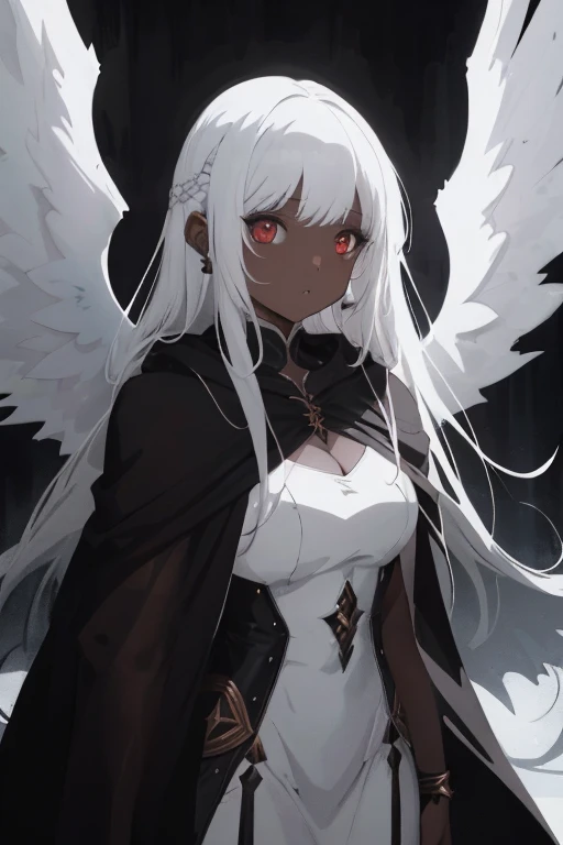 an angel brown skin woman, white wings, black dress, black cloak, long straight, white hair, Baby Bangs.  (dungeons and dragons art), (fantasy), (defined lines), (flat saturated colors), (cinematic composition), (perspective), (scketch style)