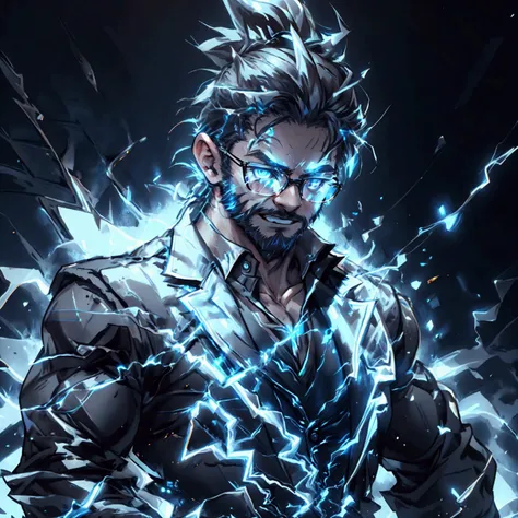 a muscular man with a ponytail, glasses, black hair, light scruffy beard, wearing a business vest and black dress pants, solo, alone, glowing electrical powers, (SOLO)(ALONE), best quality, 8k, highres, masterpiece, ultra-detailed, realistic, photorealisti...