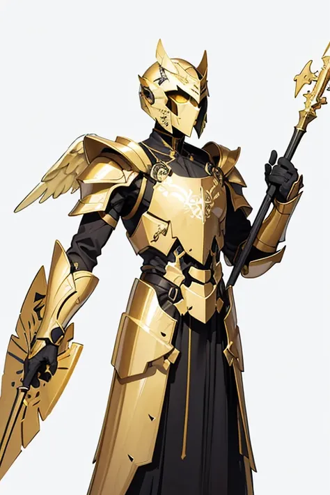 angel exoskeleton armor helmet with cross symbol templars gold color with a spear in hand full body facing the viewer white background