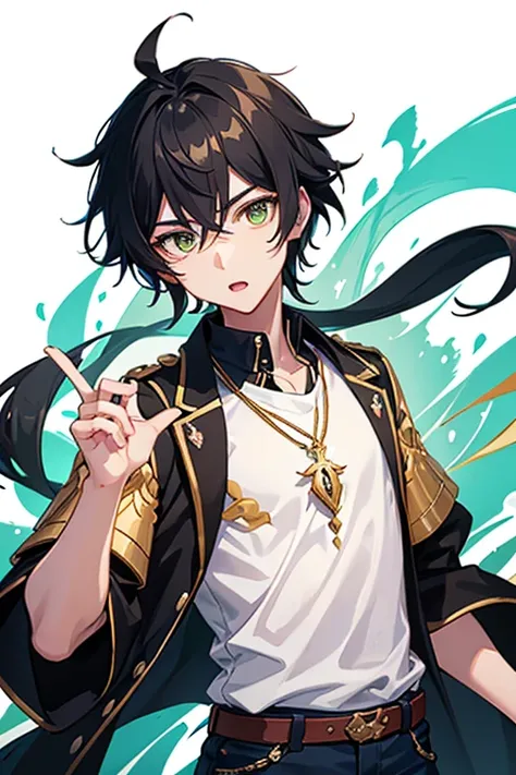 Xiao from Genshin Impact, 16 years old, black hair, green eyes, open white vest, black t-shirt, necklace with a golden cross, blue jeans, looking in profile directly at the viewer, white background