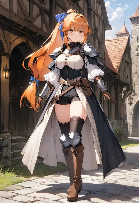 1girl, solo, thighhighs, gloves, boots, long-hair, (((Medieval-background))), armor, brown-gloves, ponytail, orange-hair, full-body, ribbon, simple-background, looking-at-viewer, hair-ribbon, black-thighhighs, brown-footwear, smile, brown-eyes, shirt, yell...