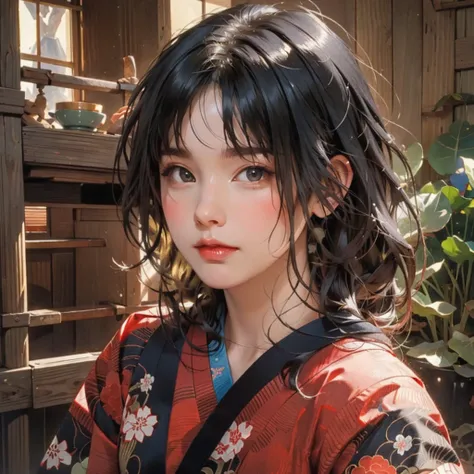 (highest quality、8k、32k、masterpiece)、(masterpiece, up to date,Exceptional:1.2), Anime, One girl,Front hair,black_hair, Beautiful 8k eyes,Looking_in_Audience,One person in,Are standing,((Very beautiful woman, Fuller lips, Japanese pintern kimono))、((Colorfu...