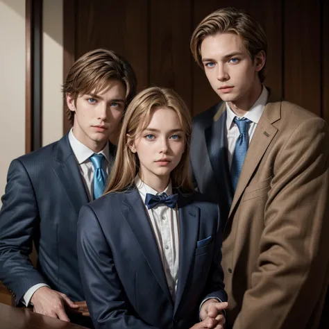 1 blonde woman, 1 man in suit and brown hair. A man with brown hair and blue eyes, behind the two