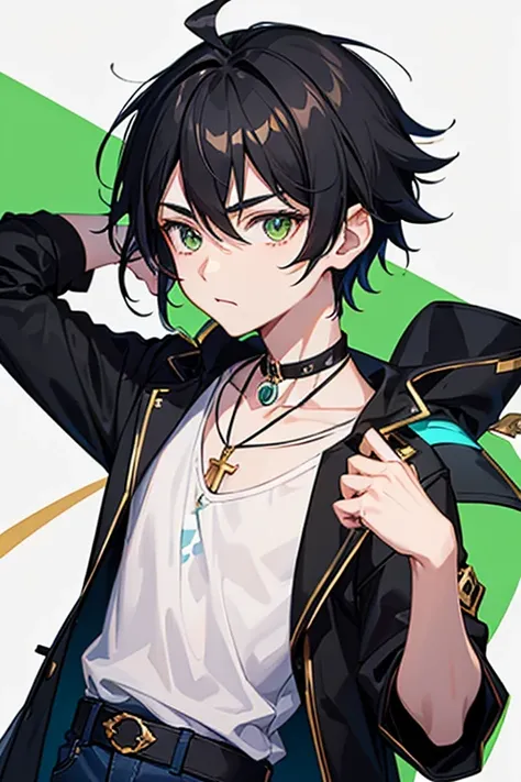 Xiao from Genshin Impact, boy ,16 years old, black hair, green eyes, open white vest, black t-shirt, necklace with a golden cross, blue jeans, looking in profile directly at the viewer, white background