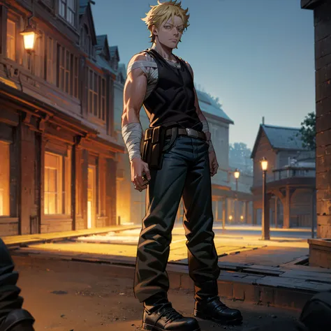 Solo character, full body version, aged man, blonde hair, short haircut, Very tall, black singlet, jeans, bandage, shoes, evening, outdoor, town, (black clover style)