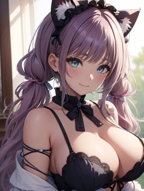 (Twin tails:1.2).(Cat Ears:1.2).(nsfw:1.3).(huge breasts:1.3).(masterpiece、Highest quality、Highest quality、Official Art、Beautiful and aesthetic:1.2)、(1 Female)、Very detailed、(Fractal Art:1.4)、Highest detail、Long wavy white hair、blue eyes、rounded drooping e...