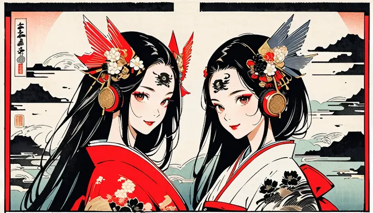 (((Ink Painting))), Fashion portrait color photos, (((twins))), (((Tattoo in the center of the forehead))), (((Very flashy hair accessories))), (((Very flashy makeup))), Japanese style headphones, smile, front view, Japan人の美少女, Black Hair, Delicate and pre...