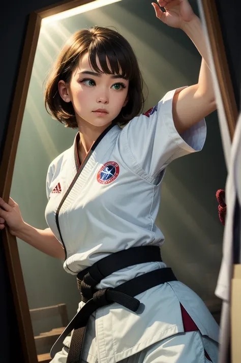 1 girl solo, short brown hair, green eyes, white karate uniform, black belt, dojo, God Rays, Reflection Light, 