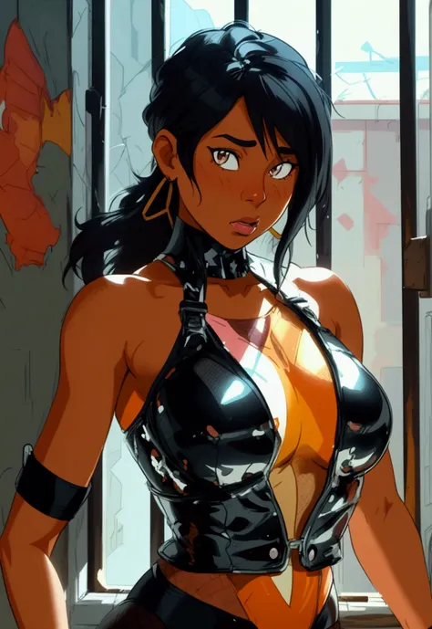 (Connie Maheswaran, a strong and attractive character from DOA, is depicted in a black leotard and fishnets, set in a prison. The artwork is based on the 2020 anime style and is created by Mori P. The piece is crisp and a masterpiece, with an 8k wallpaper ...