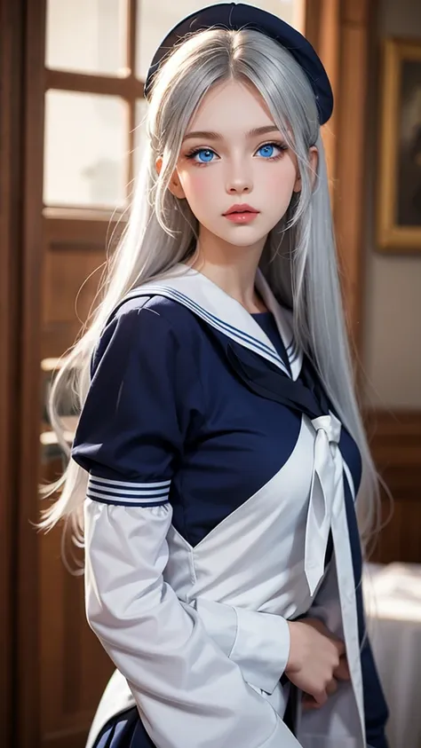 1girl, Russian beautiful girl, long hair, silver hair, blue eyes, sailor 