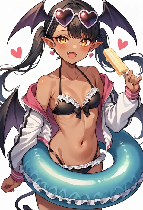 1girl, solo, long hair, breasts, looking at viewer, blush, smile, open mouth, bangs, black hair, navel, holding, twintails, jacket, tail, swimsuit, yellow eyes, braid, heart, bikini, earrings, small breasts, frills, food, open clothes, wings, pointy ears, ...