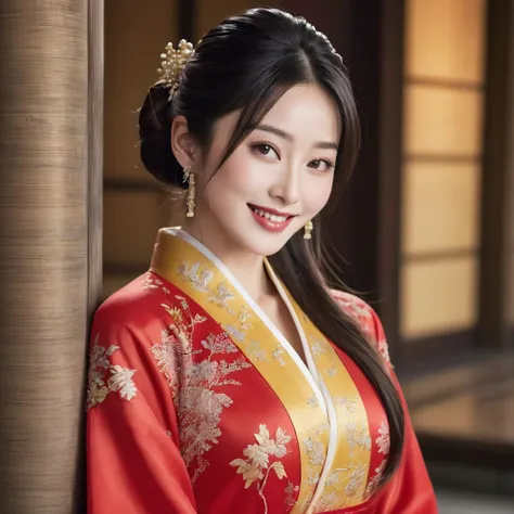 ((Highest quality)), ((masterpiece)), (detailed), （Perfect Face）、The woman is Satomi Ishihara, with large breasts, medium-long hair tied up, and a gorgeous red party Chinese dress with gold embroidery and trim, a long slit that shows off her thighs, and sh...