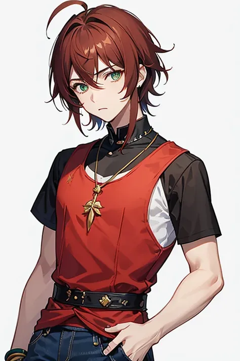 Xiao from Genshin Impact, boy, 16 years old, reddish brown hair, green eyes, open black vest, blue t-shirt, necklace with a golden cross, blue jeans, looking in profile directly at the viewer, white background