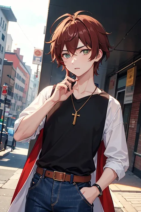 Xiao from Genshin Impact, boy, 16 years old, reddish brown hair, green eyes, open black vest, blue t-shirt, necklace with a golden cross, blue jeans, looking in profile directly at the viewer, white background