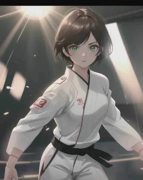 1 girl in a white karate uniform with a black belt, short brown hair, green eyes, standing in a dojo with god rays and glowing light, ray tracing, high quality, extremely detailed, photorealistic, masterpiece, 4k, studio lighting, hyper detailed, cinematic...