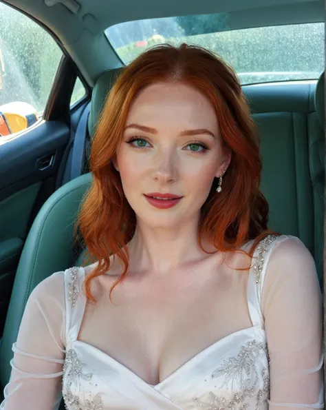 Arafed woman in a white dress sitting in a car., amaranth, better known as amaranth, young beautiful amaranth, with pale skin, Red head, Beautiful redhead woman, redhead goddess, with red hair and green eyes, eleanor tomlinson, redhead girl, red hair and a...