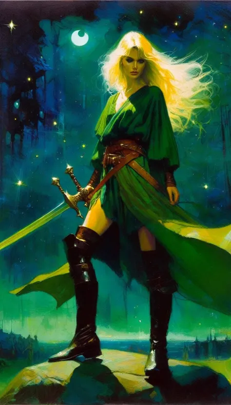 Blonde, long and tied hair, sword in hands, short leather boots, green toga, medieval fantasy, night, moon, stars (art inspired by Bill Sienkiewicz). oil painting)