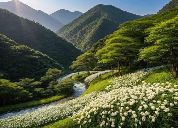 Li Ri is empty，The mountains stretch over，The clusters of white flowers resemble a flowing river。
It was as if all life in the world should be dyed，In this moment and there，
Under transparent sunlight like honey，Cheers at the same time，Spin at the same tim...