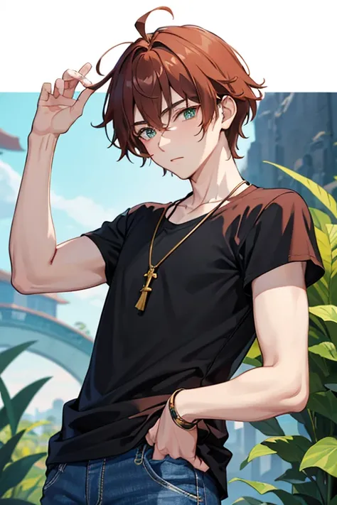 Xiao from Genshin Impact, boy, 16 years old, reddish brown hair, green eyes, open black vest, blue t-shirt, necklace with a golden cross, blue jeans, looking in profile directly at viewer, white background