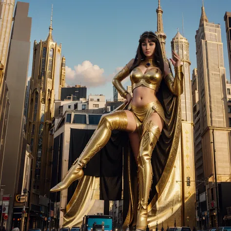 giant cleopatra stand in Paris, Full body photo，gtscityskyscraper, giga gigantess (Long legs:1.2)，Beautiful looks，No branding，Perfect lighting，Cinematic quality, 8K, High quality, (GTS:1.5), on the top view, building seat, belly, perfekt hands, realism, pe...