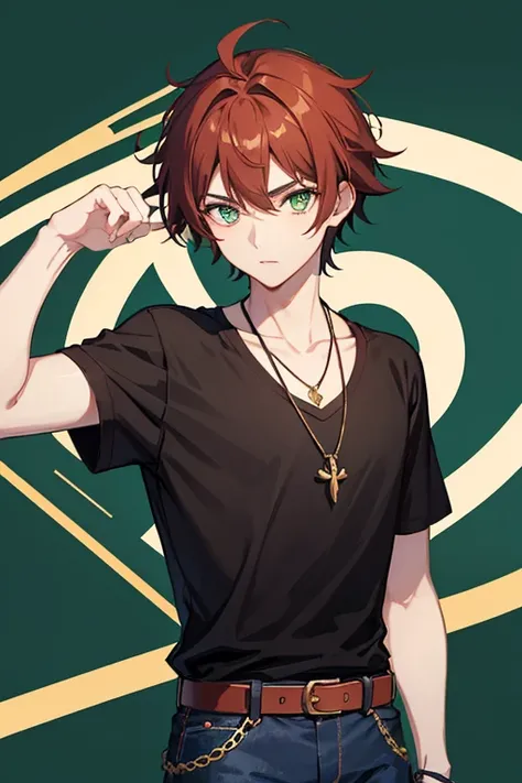 Xiao from Genshin Impact, boy, 16 years old, reddish brown hair, green eyes, open black vest, blue t-shirt, necklace with a golden cross, blue jeans, looking in profile directly at viewer, white background