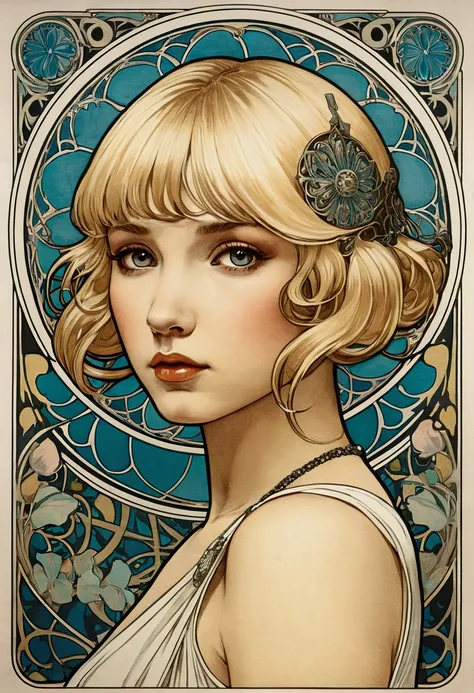 Art nouveau, Alphonse Mucha style,ink art, (Best Quality,masutepiece:1.2), 1 beautiful girl, blonde_bob_cut_hair, bangs, Very_beautiful_face, very_beautiful_eyes, even_eyes