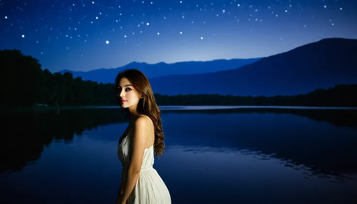 Lake at night and beautiful woman