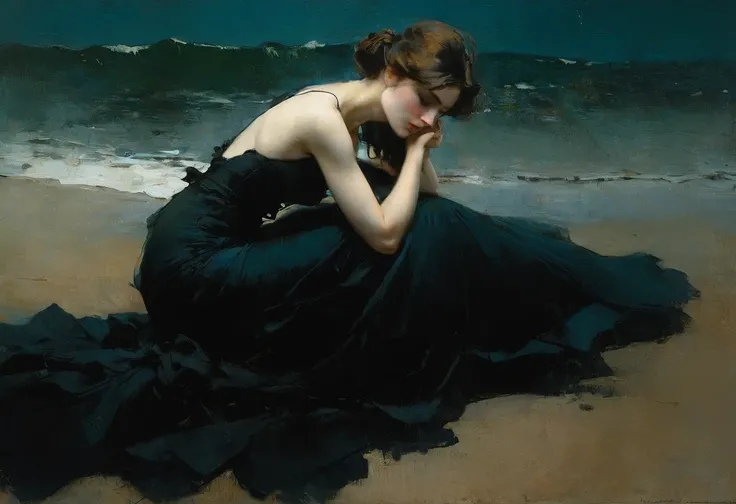  of the sea. Masterpiece. Best quality. Beautiful cinematic impressionistic painting, Dark dramatic character, in the style of Jeremy Mann and Charles Dana Gibson, Mark Demsteader, Paul Hedley