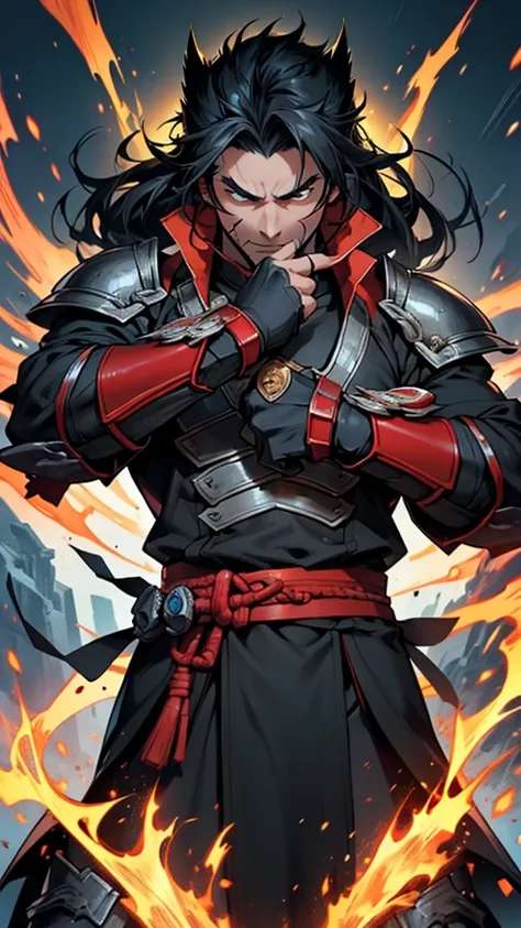 Create an anime-style image of an RPG character, young adult, Cao Cao, bonitas, stark, with wolverine-like flaming claws, and who wears a black symbiote samurai armor that covers the character&#39;s entire body, the wire has details of a dragon, your hair ...