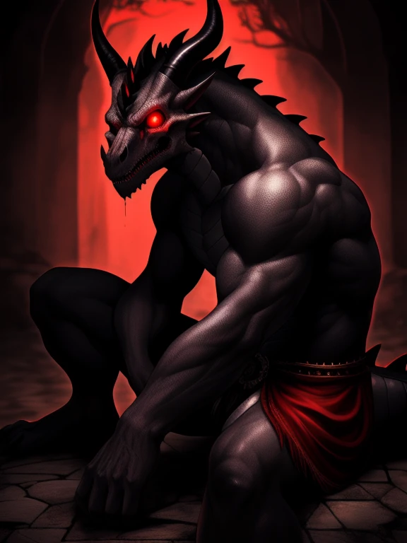 highres, furry, anthro, (Dragons), white body, red eye, horns, tail, Horrorcore, red theme, dark background, sitting on the ground, gore, 火, skull, glowing eyes, alone, 1 boy, ​masterpiece, best quality, extremely detailed, expressive, epic setting, very d...