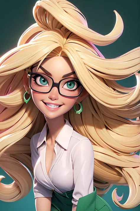 Create a character of a stunning woman. blond, fine and long hair, white skin tone, eyes black, Square-shaped prescription glasses, thin lips, smiling, Wearing a pink blouse and green pants.
