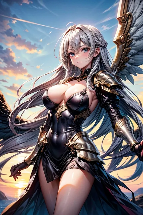 female archangel prepared for battle, an extremally beautiful warrior valkyre, ultra feminine, long hair, blond hair, braided hair, wearing divine heavy armor, cleavage, big breasts, (white armor: 1.2), (angel wings: 1.2) spread, aremed with fantasy sword,...