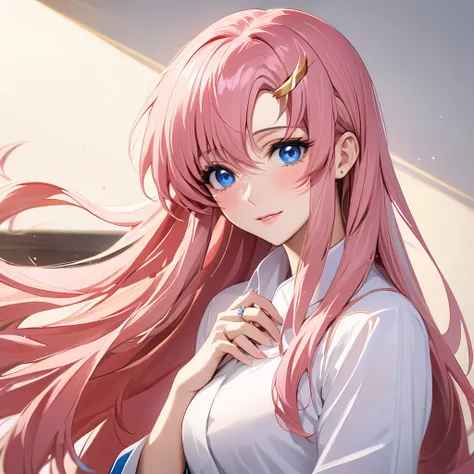 ((Highest quality)), ((masterpiece)), (detailed), （Perfect Face）、The woman is Lacus Clyne, who is married to a Chinese man, and is an ordinary Chinese woman with blue eyes, pink, medium-long hair, and an engagement ring.