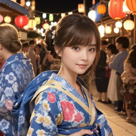 Draw a detailed and realistic portrait of a beautiful young Japanese woman。She has long light brown hair、The large, expressive light brown eyes are impressive.。
Summer Festival Night、Beautiful Japanese woman walking down a street lined with colorful lanter...