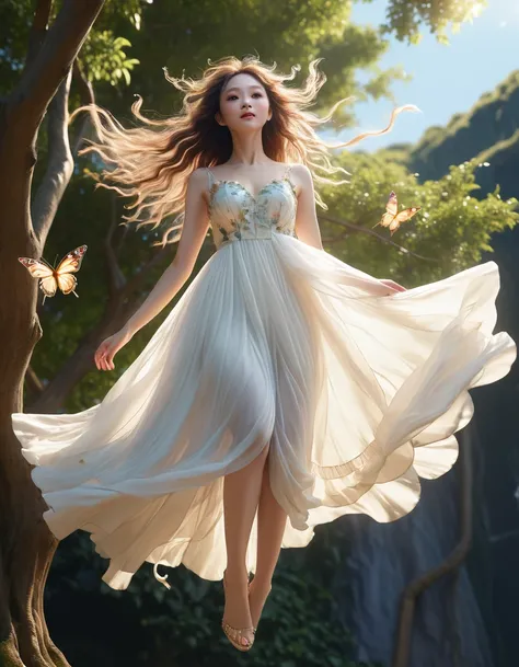 a fairy flying from a tall tree、butterfly wings、white sheer dress、dress with hair fluttering in the wind、low angle shot:1.7、deta...