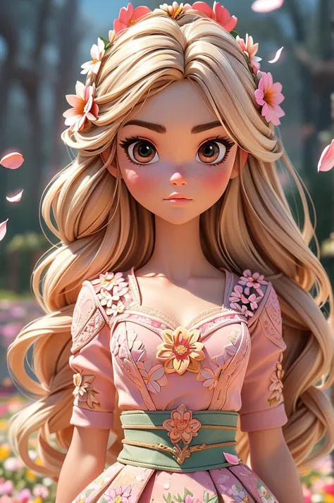 kyle jenner, long hair princess barbie in pretty light pink dress, hires, extremely detaild, detailed back ground, diffuse natur...