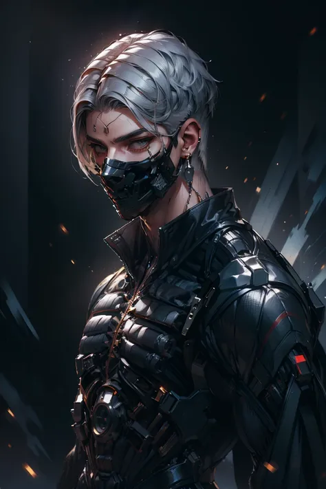 {best quality, 8k, masterpiece}, (realistic), [[male]], [[white hair]], ((middle part haircut)), (earrings), (mask)