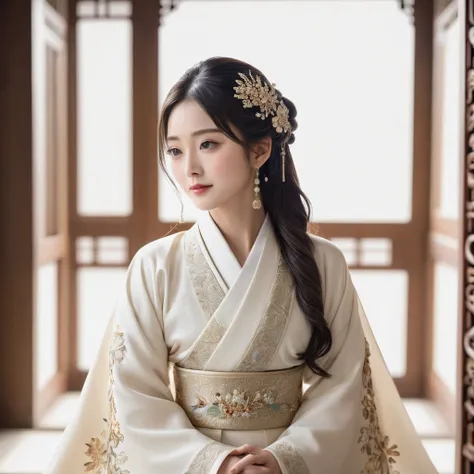 ((Highest quality)), ((masterpiece)), (detailed), （Perfect Face）、The woman is the beautiful Japanese woman, Satomi Ishihara, with large breasts and excellent proportions. She has her medium-long hair tied up and is wearing a luxurious wedding Hanfu with go...