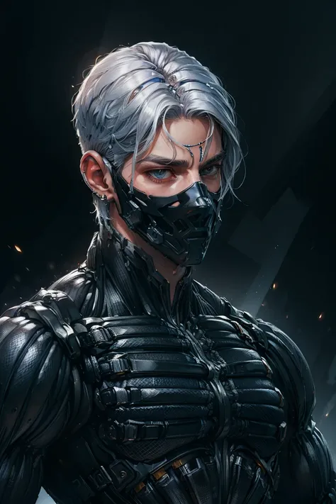 {best quality, 8k, masterpiece}, (realistic), [[male]], [[white hair]], ((middle part haircut)), (earrings), (mask)