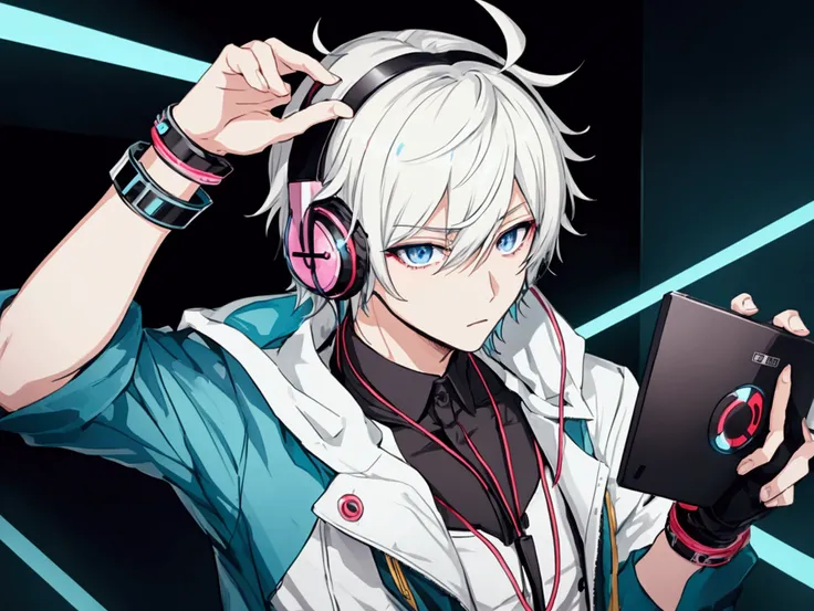 an anime boy eletric, with headphones, listenning music, gaming, bad boy in a secret organization outfit