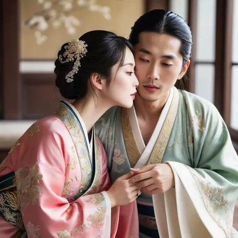 ((Highest quality)), ((masterpiece)), (detailed), （Perfect Face）、The woman is the beautiful Japanese woman, Satomi Ishihara, with large breasts and excellent proportions. She has her medium-long hair tied up and is wearing a luxurious wedding Hanfu with go...