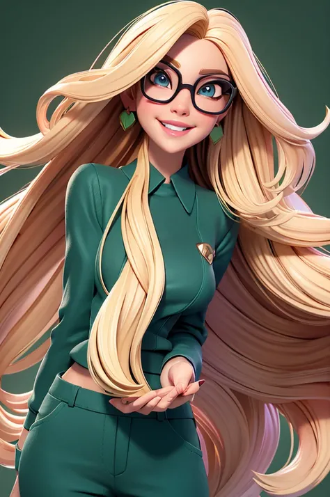 Create a character of a stunning woman. blond, fine and long hair, white skin tone, eyes black, Square-shaped prescription glasses, thin lips, smiling, Wearing a pink blouse and green pants.
