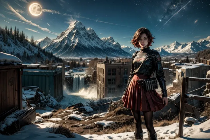 (masterpiece, best quality:1.2), cowboy shot, solo, dynamic pose, 1girl, ruby rose, looking at viewer,  t-shirt, red skirt, pantyhose, standing with crowd in city ruins on hill, overlooking valley, (crowd in military uniforms) BREAK night, stars, moon, sno...