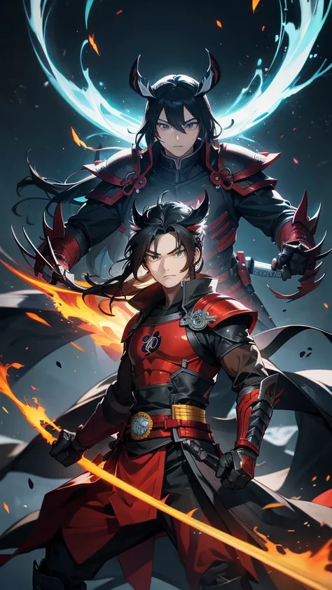 Create an anime-style image of an RPG character, young adult, Cao Cao, bonitas, stark, with wolverine-like flaming claws, and who wears a black symbiote samurai armor that covers the character&#39;s entire body, the wire has details of a dragon, your hair ...